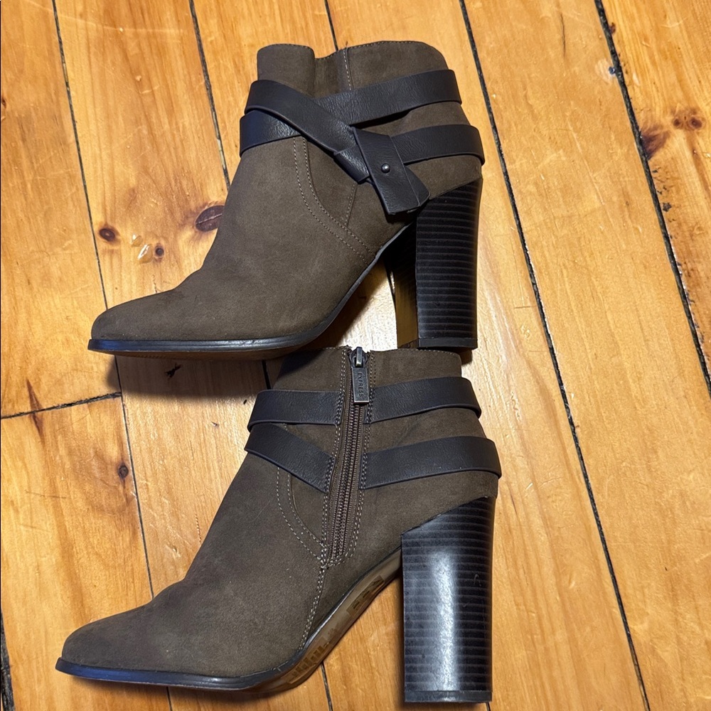 Express Taupe Suede-Look Ankle Booties with Wrap Strap